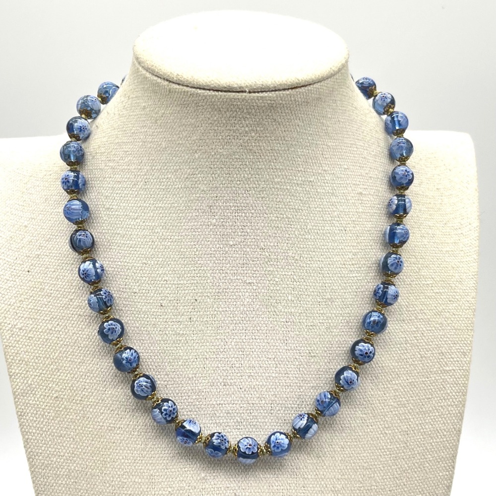 Vintage Venetian Millefiori Glass Bead Necklace Blue Floral Lampwork 16 Inch